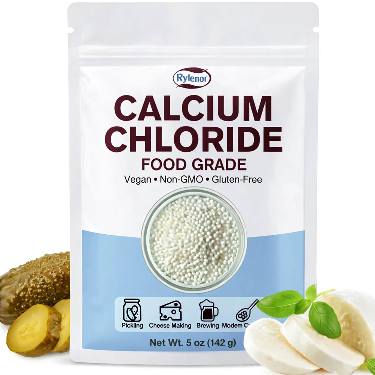 Calcium Chloride Food Grade 5 oz, Pure Calcium Chloride for Cheese Making, Pickling, Canning, Brewing & Modern Cooking, Vegan, Gluten-Free, Resealable Pouch, 2-Year Shelf Life