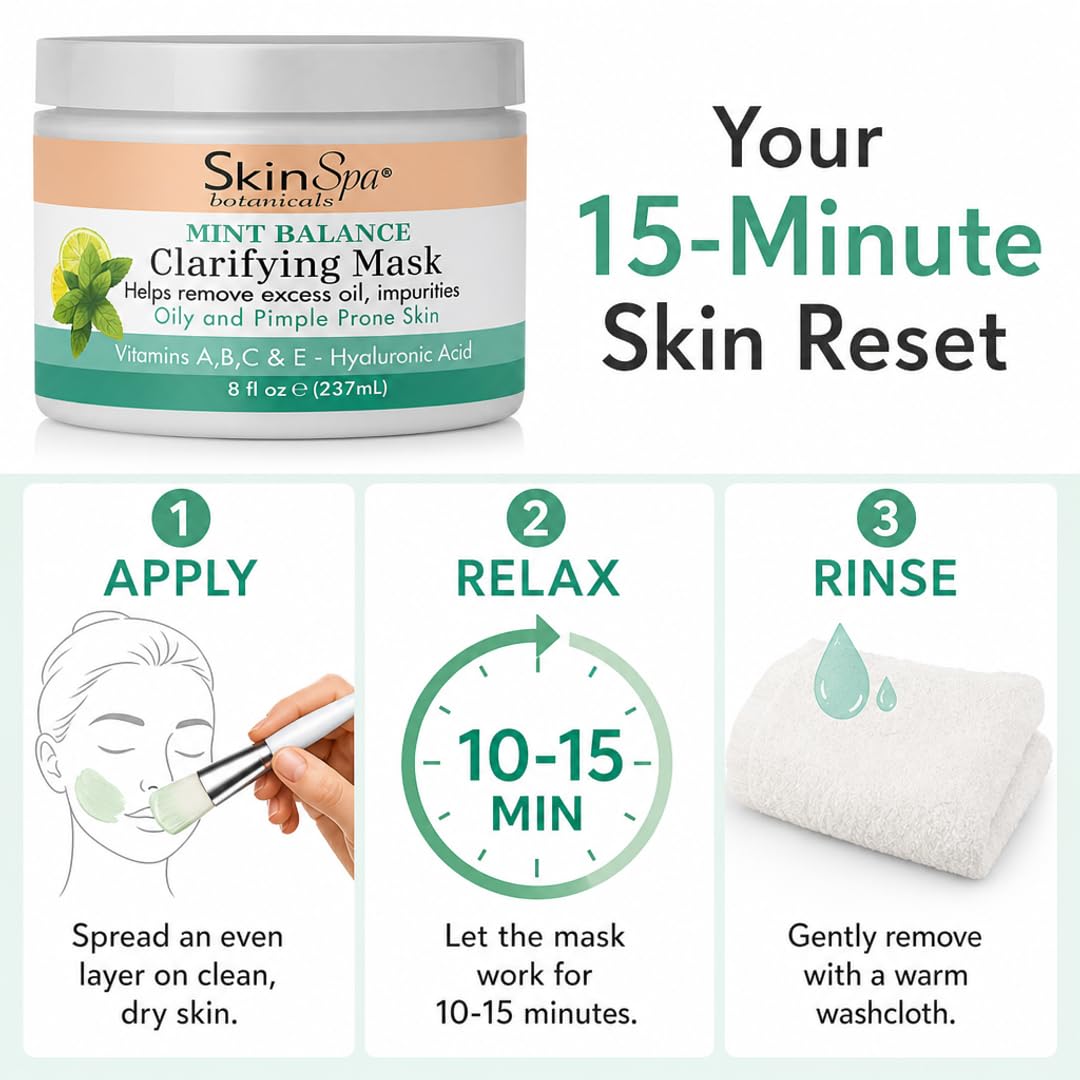 SkinSpa Face Mask - Acne Control Mint Julep Masque with Hyaluronic Acid, Vitamin B & E - Lock In Moisture, Cleanse & Refresh Oily, Pimple-Prone Skin - 8 oz