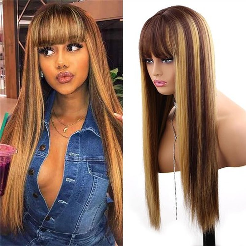 Amarlis Blonde Highlight Wigs for Women, Blonde Mix Brown Wig with Bangs Silky Soft Fiber Synthetic Wig for Daily Party Use(24 Inch,Blonde Highlight)