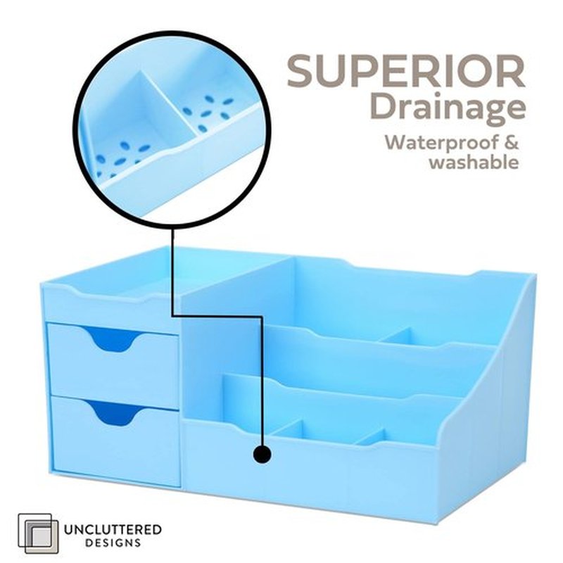 Uncluttered Designs Makeup Organizer With Drawers - Modern Countertop Storage for Cosmetics - Chic Vanity Holder for Cologne, Skincare, Brush, Lipstick, Nail Polish Organization & Display (Blue)