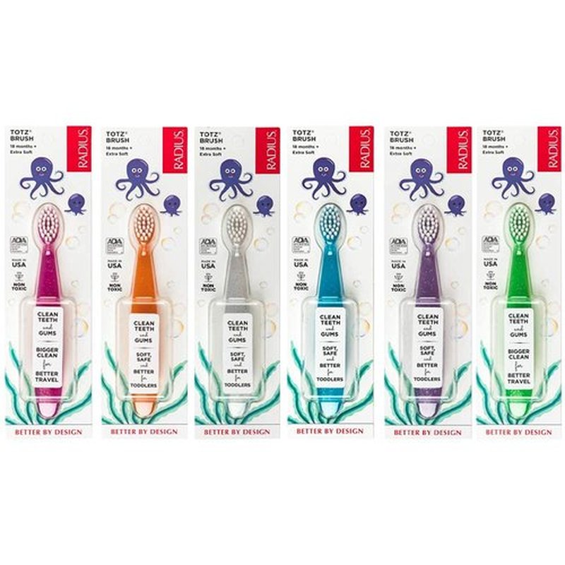 RADIUS Totz Toothbrush Extra Soft Brush BPA Free & ADA Accepted Designed for Delicate Teeth & Gums for Children 18 Months & Up - Assorted - Pack of 6