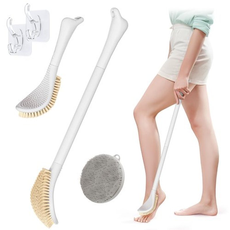 GEENOA New Foot Brush for Shower, 3-in-1 Foot Scrubber for Wet or Dry Brush, 10.2’’-27.5’’Adjustable Foot Scrub Brush and Silicone Body Scrubber Set, Gift-Box Packaged(White+Body Scrubber)