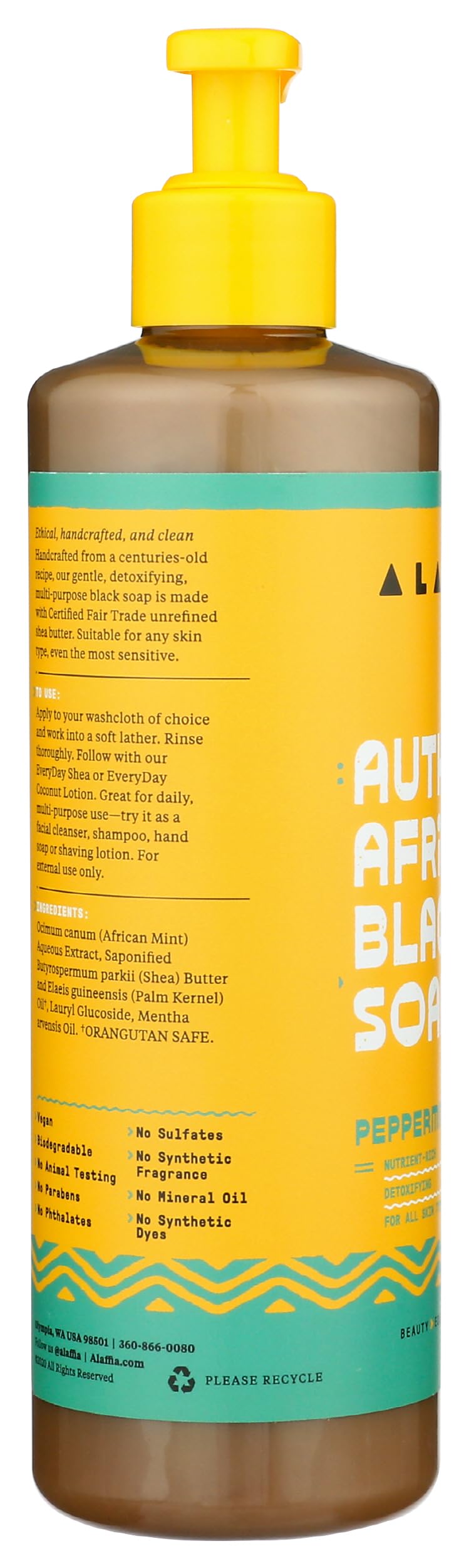 Alaffia - Authentic African Black Soap, All-in-One Body Wash, Shampoo, and Shaving Soap For All Skin and Hair Types, Fair Trade, No Parabens, Non-GMO, No SLS, Peppermint, 16 Ounce