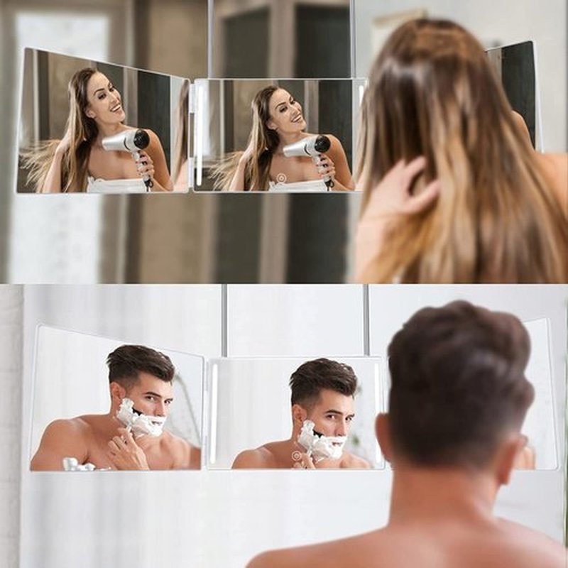 HIEEY 3 Way Mirror for Hair Cutting with LED,360 Trifold Mirror with Height Adjustable Telescoping Hooks,and 5X Magnification Mirror,for Makeup, Hair Styling (White)