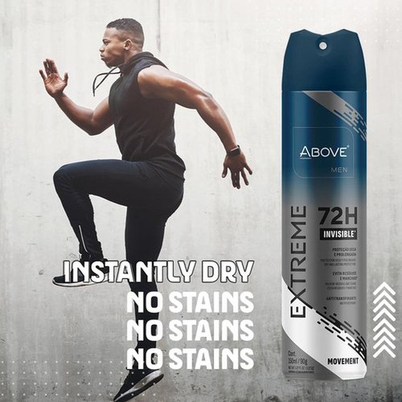 ABOVE Mens Deodorant Antiperspirant, 72 Hours (Extreme Men Movement) -Protects Against Sweat & Body Odor - Dry, No Stain & Moisturizing Instant Freshness - Deodorant Spray, Alcohol Free - 3.17 oz