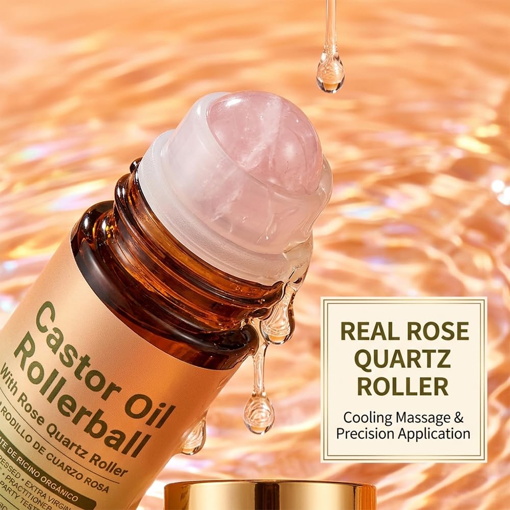 RAINPOT Organic Castor Oil Roll On with Rose Quartz Roller – 100% Cold Pressed Moisturizing Oil for Brows, Lashes, Face, Hairline & Dry Skin – Travel Friendly Leakproof Roller Bottle (2)