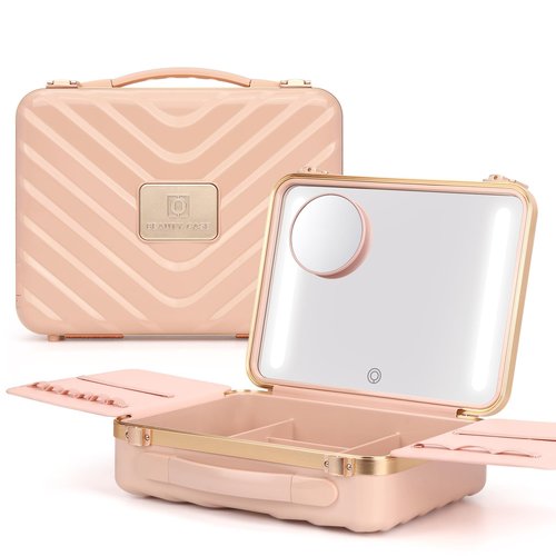 KZAOPZ Travel Makeup Train Case with Mirror: 3 Colors LED Light with 10X Magnification - Portable Make up Organizer Box for Women Girls（White