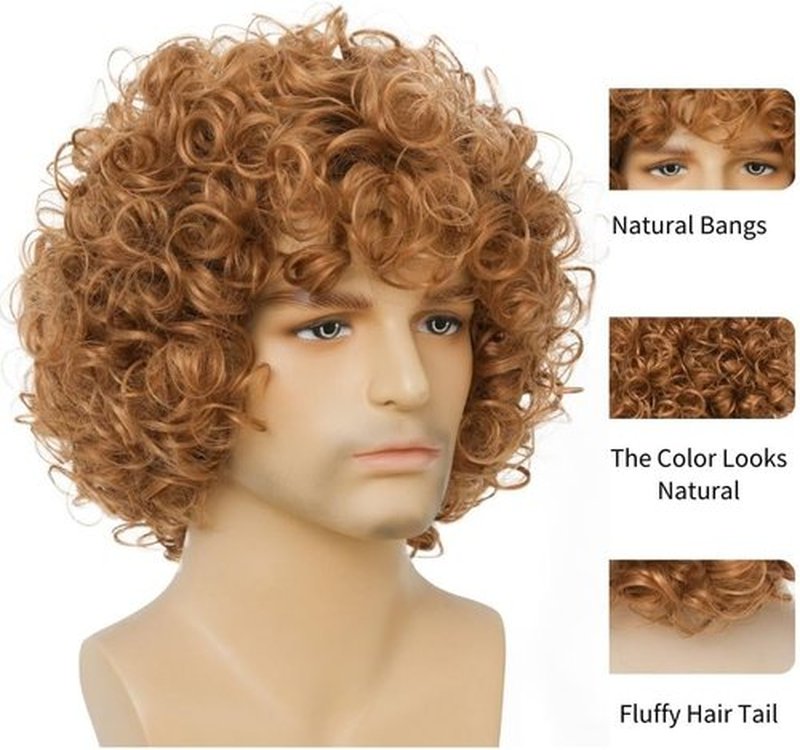 Salaibs Mens Blonde Curly Short Wig Afro Realistic 70s 80s Rocker Hair Wig Natural Looking Synthetic Shag Cosplay Daily Cap Wig
