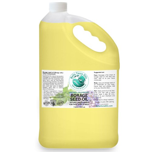 Bella Terra Oils Premium Borage Seed Oil with High GLA – 1 gallon, Luxurious Skin Radiance, Quick Absorption, Nourishing
