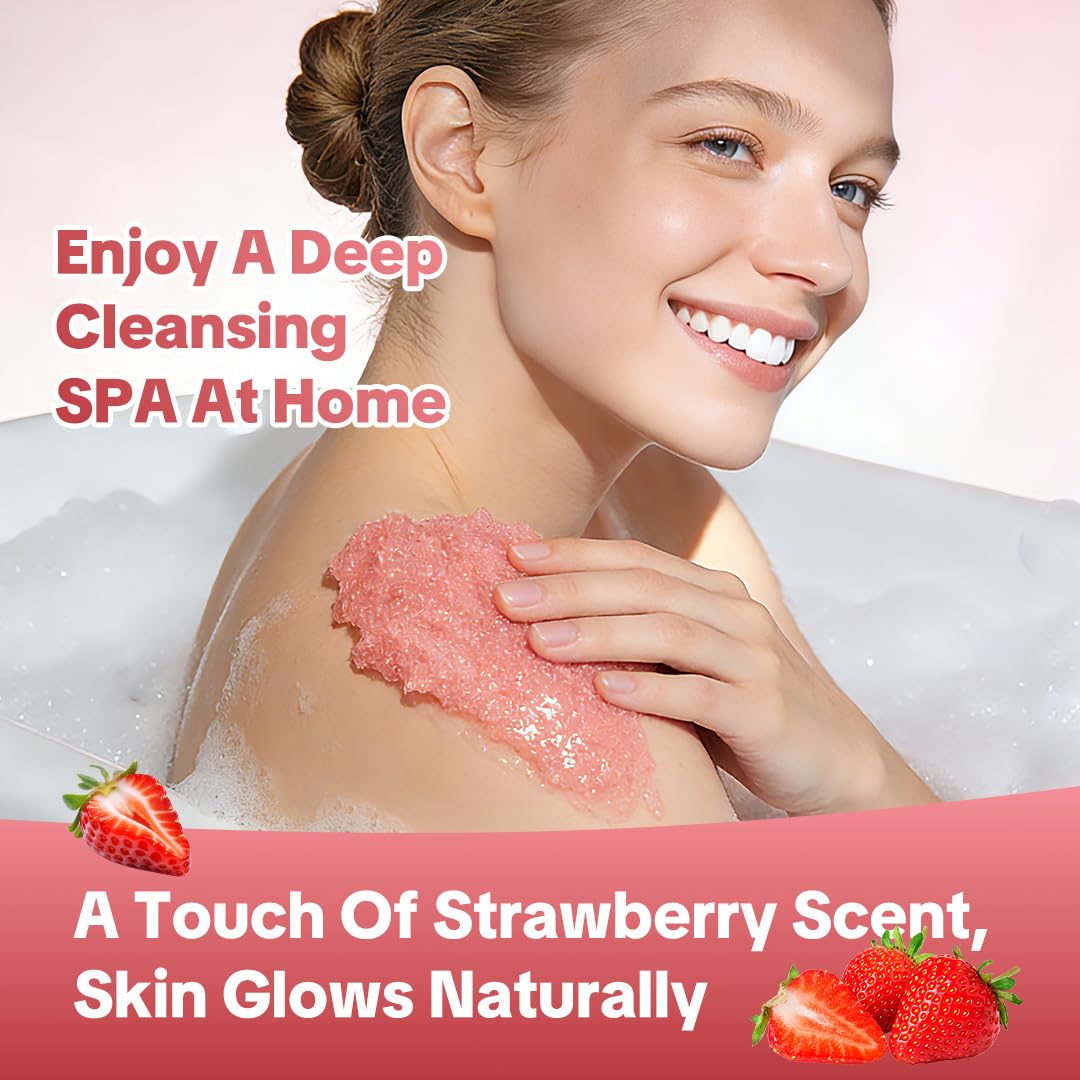 HERBICOS Strawberry Body Scrub - Exfoliating Sugar & Sea Salt Scrub with Retinol & Vitamin C for Smooth Glowing Skin - Moisturizing Body Exfoliator for Dry Skin - 21.1 oz