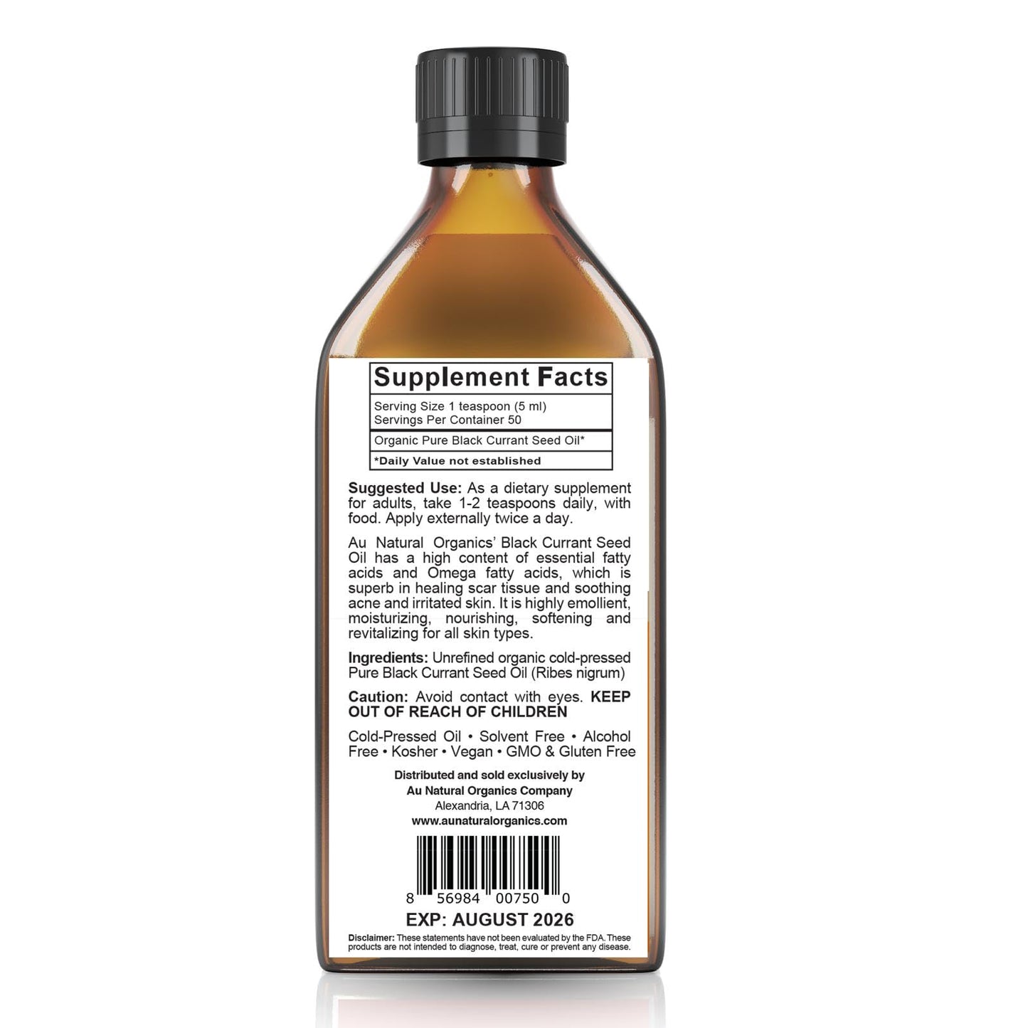 Au Natural Organics Black Currant Seed Oil for Eczema – 100% Pure Organic Cold Pressed Liquid GLA for Skin | Support Immune Health, Blood Flow, Tissue Repair | Edible & Hexane Free | 250ml
