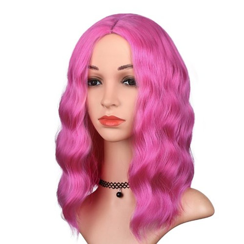 BEAUTIFA Hot Pink Wig for Women Wavy Curly Pink Bob Wigs Middle Part 14 Inch Shoulder Length Heat Resistant Synthetic Colorful Wig