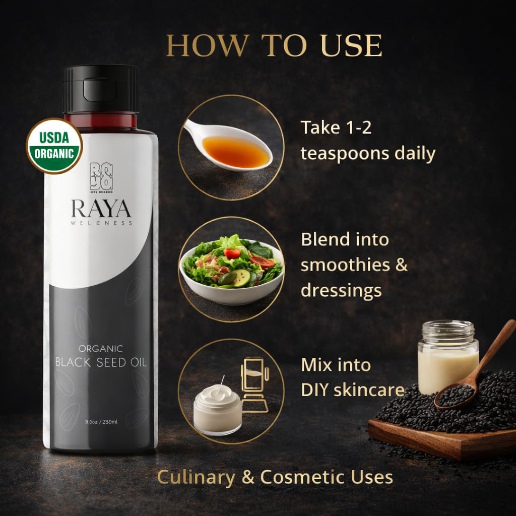 RAYA WELLNESS - USDA Organic Black Seed Oil (Nigella Sativa) - Cold Pressed - Hexane Free - 8 fl oz (237 ml)