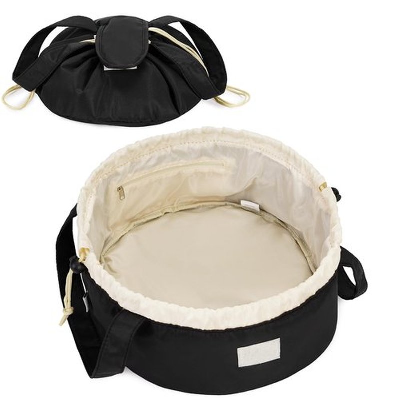 Barrel Drawstring Makeup Bag Large Cosmetic Bag Make up Bags Women Toiletry Organizer for Travel Toiletries Accessories Essentials (Black) (Patent)