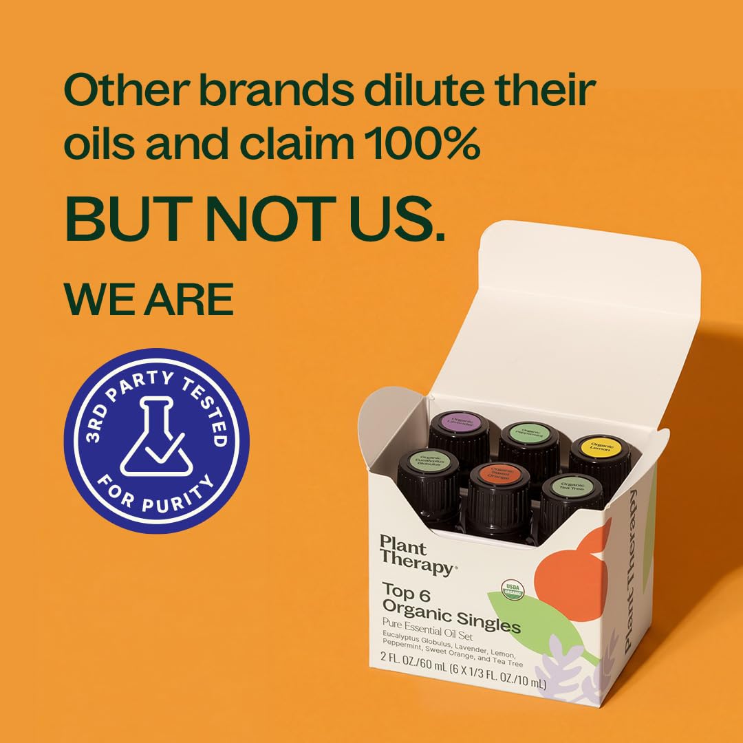 Plant Therapy Top 6 USDA Organic Essential Oil Set - Lavender, Peppermint, Eucalyptus, Lemon, Tea Tree 100% Pure, Natural Aromatherapy, for Diffusion & Topical Use, Therapeutic Grade 10 mL (1/3 oz)
