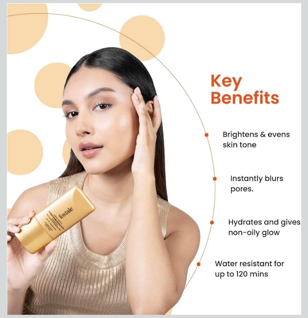 Fox..tale Perfect Match Tinted Fluid Sunscreen SPF 50 PA++++, Clay Shade with Niacinamide and Vitamin E, UVA/UVB Protection, Blurs Pores, Evens Tone, Non-Oily Glow, All Skin Types, 1.69 oz