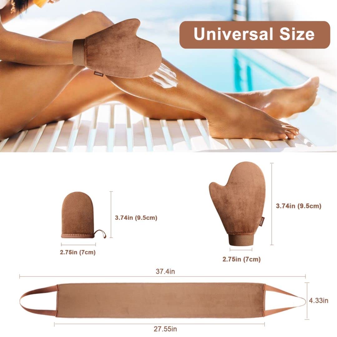 3-Pack Self Tanning Mitt Set Include Self Tanner Back Applicator with Velvet Soft Texture and Elastic Cuff Design - Perfect for Back, Legs & Full Body Application, Streak-Free Sunless Tanning at Home