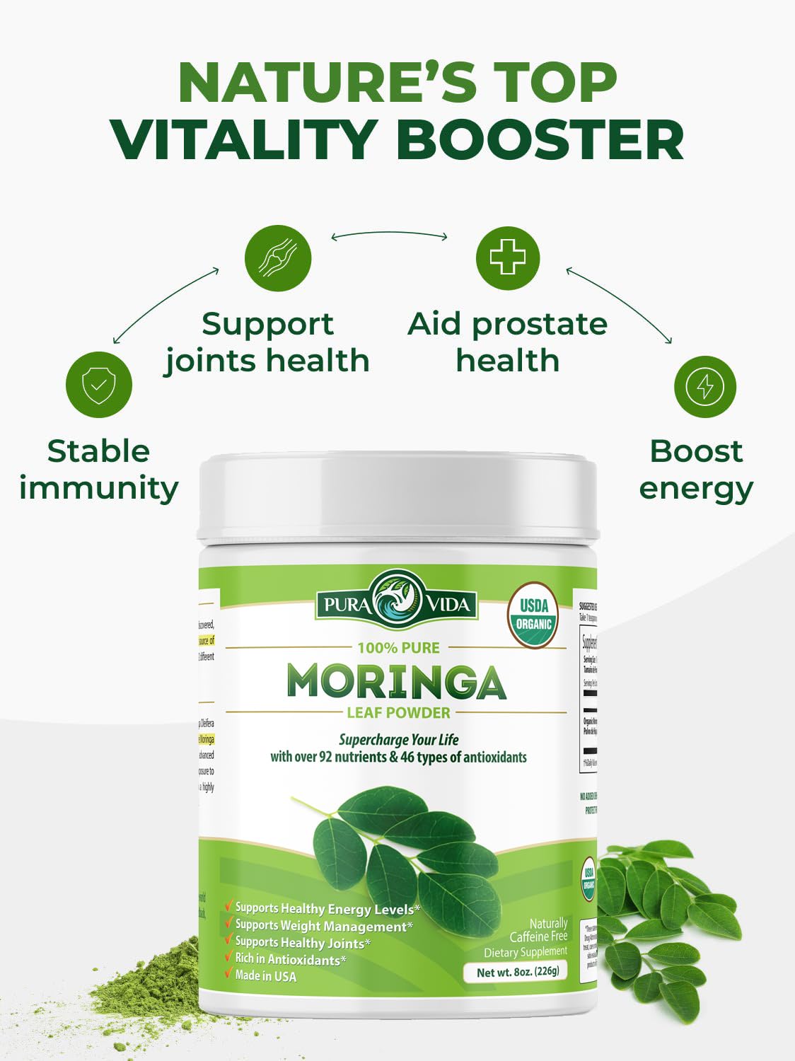 PURA VIDA MORINGA Organic Moringa Powder, Premium 100% Leaf Powder Single Origin - USDA Organic Moringa Oleifera Leaf, Perfect for Smoothies & Recipes, 8 oz