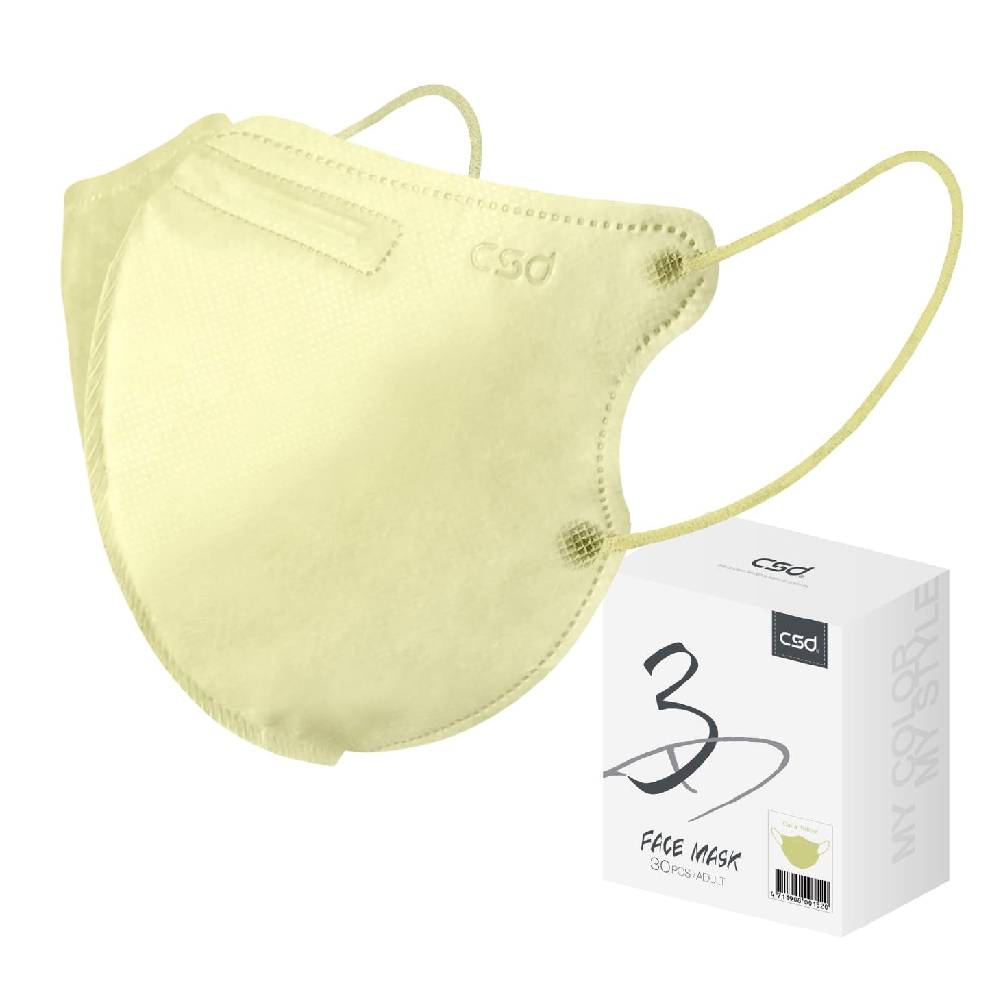 CSD 30 Pcs Calla Yello 3D Disposable Face Masks, 3 Ply Adult Teens Mask with Elastic Ear Loop, Nose Bridge Clip, Breathable Comfortable Mask Great for Indoor, Outdoors Use (Calla Yello)