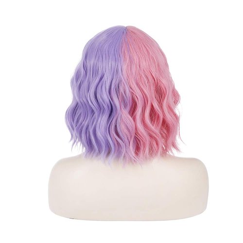 PATTNIUM Pink Purple Wig Short Curly Wig Half Pink Half Purple Wig with Bangs Split Wig Two Color Wig for Women Girls Heat Resistant Synthetic Hai Cosplay Costume Wig (Pink and Purple)