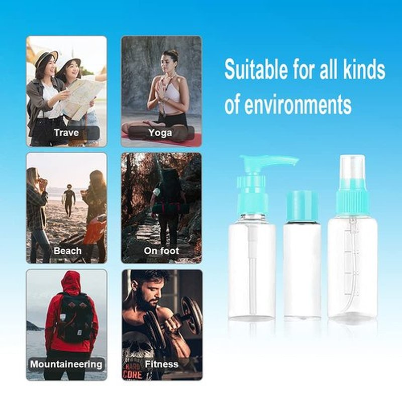Vitog Travel Bottles Kit, TSA Approved Leak Proof Portable Toiletry Containers Set, Clear flight size PET Cosmetic Containers for Lotion, Shampoo, Cream, Soap, Set of 11 (Blue+Plastic)