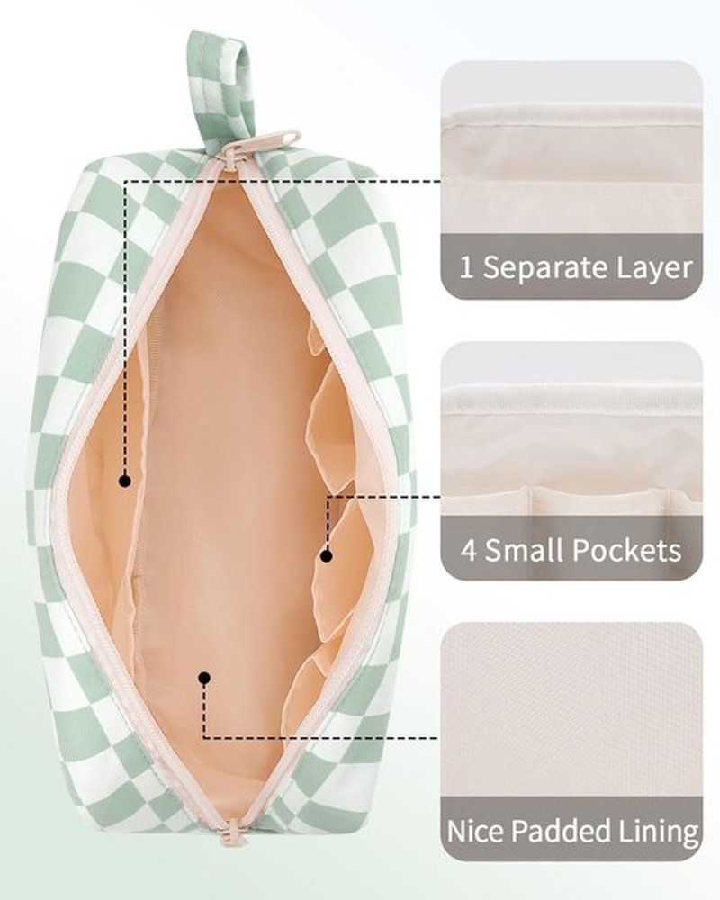 Narwey Checkered Makeup Bag Travel Cosmetic Bag Organizer Small Toiletry Bag Make Up Bags with Organized Pockets for Women (Mint Green Checkerboard, Large)