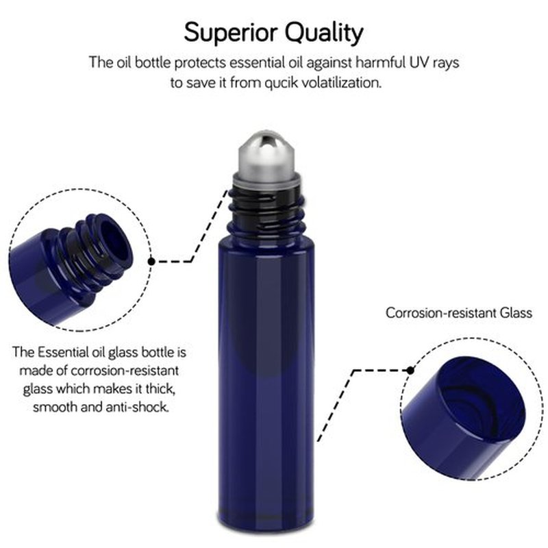 PrettyCare Roller Bottles For Oils 10 ml (Blue Glass, 6 Pack, 1 Extra Stainless Steel Balls, 12 Labels, 1 Opener, 1 Funnels Essential Oil Roller Bottles, Roller on Bottles