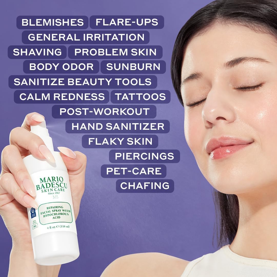 Mario Badescu Repairing HOCl Facial Spray with Hypochlorous Acid – Soothes & Hydrates Angry, Irritated Skin, Reduce Redness & Flare-Ups – pH Balancing, Non-Irritating Cleanser, 2 Fl Oz (Pack of 2)