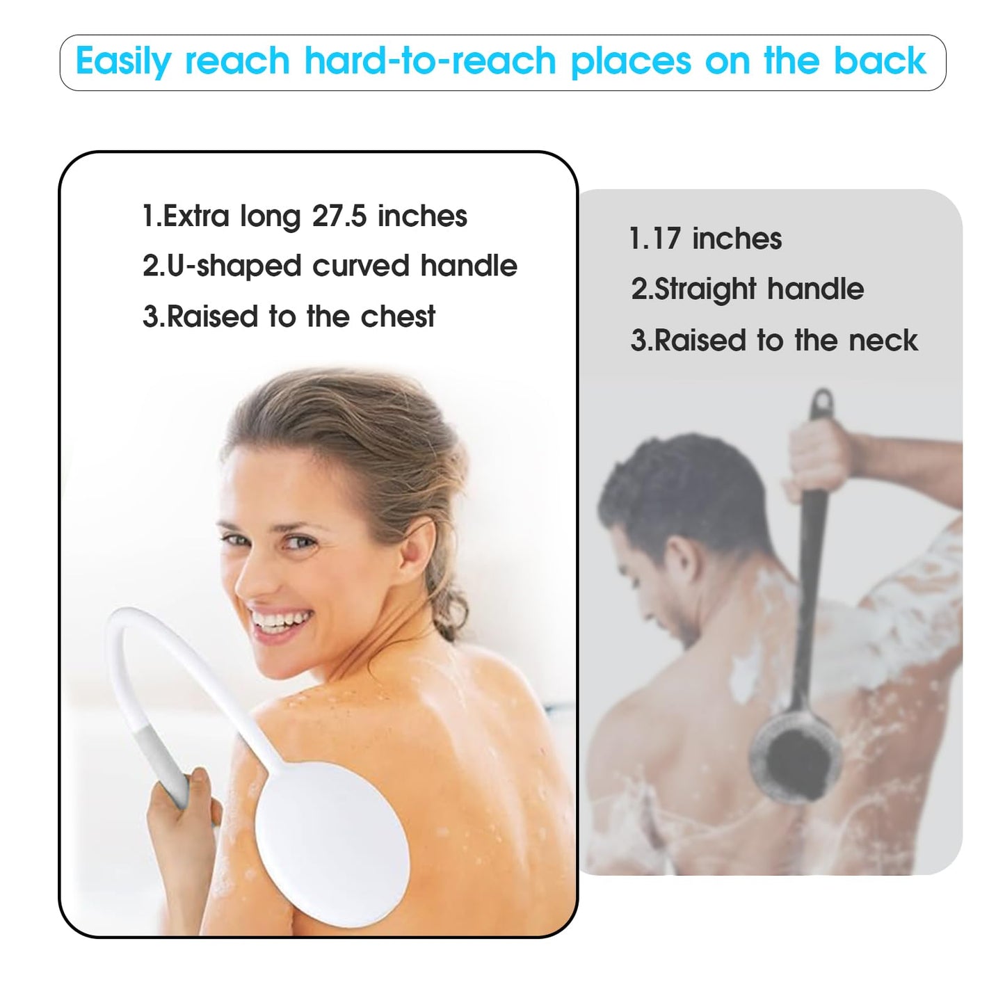 U-Shaped Back Brush Long Handle for Shower, 20.5” Back Bath Brush for Lotion Applicator Exfoliation and Improved Skin Health for Elderly with Limited Arm Movement, Disabled, Pregnant Women