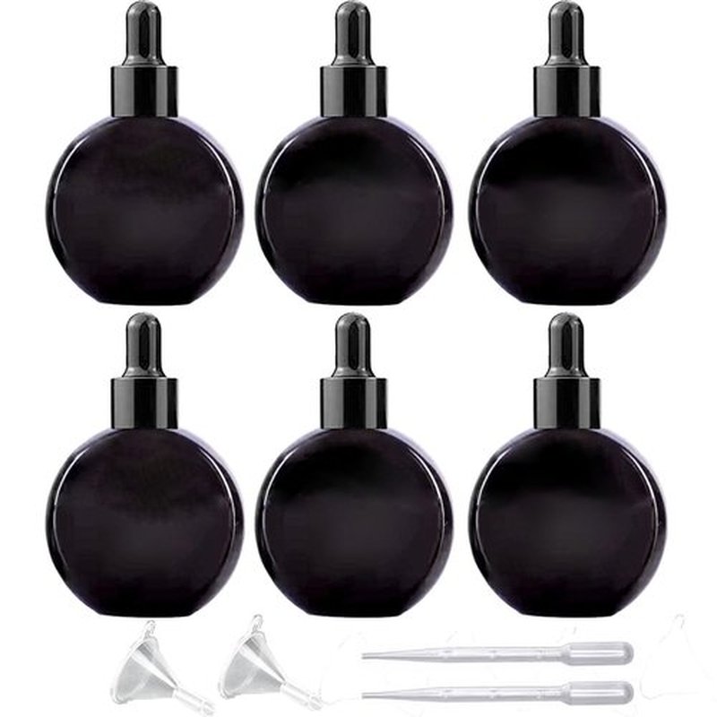 PYAWI 6Pcs, 2 oz Black Glass Dropper Bottles for Essential Oils ，60ml flat round perfume bottle with Eye Droppers， for Essential Oils, Perfumes, Serums - Leakproof for Travel (B-Black)