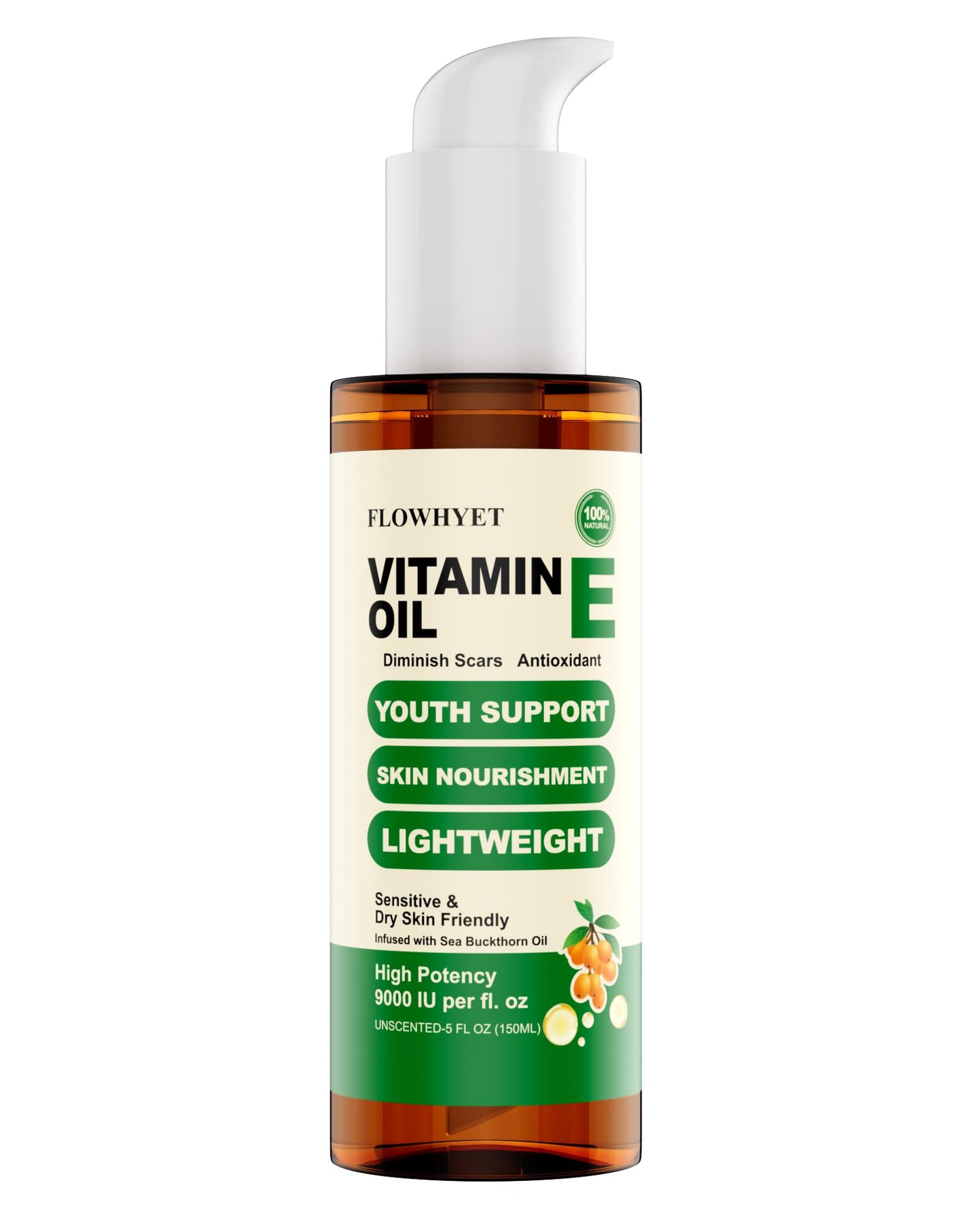 FLOWHYET 5 Floz Vitamin E Oil For Skin Scars, Pure Organic Nail Oil vit e for Cuticle, Face, Body and Hair, Nourish Dry Skin, Maintain Youthful, Antioxidant, Fade Scars LIGHTWEIGHT - 150ml