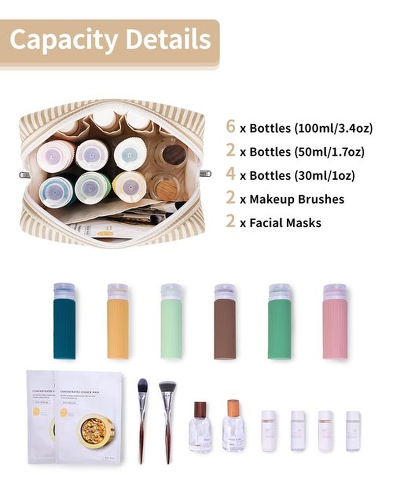 Narwey Striped Makeup Bag Travel Cosmetic Bag Organizer Toiletry Bag Make Up Bags with Compartments for Women (Large, Light Brown Stripe)