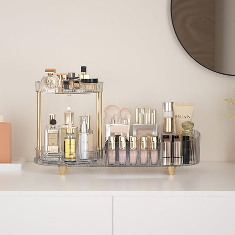 Lulltou Rotating Makeup Organizer Countertop with Perfume Tray for Vanity, 2-in-1 Cosmetic Organizer and Storage Holder, Large Desk Makeup and Skincare Organizers for Counter Bathroom Dresser