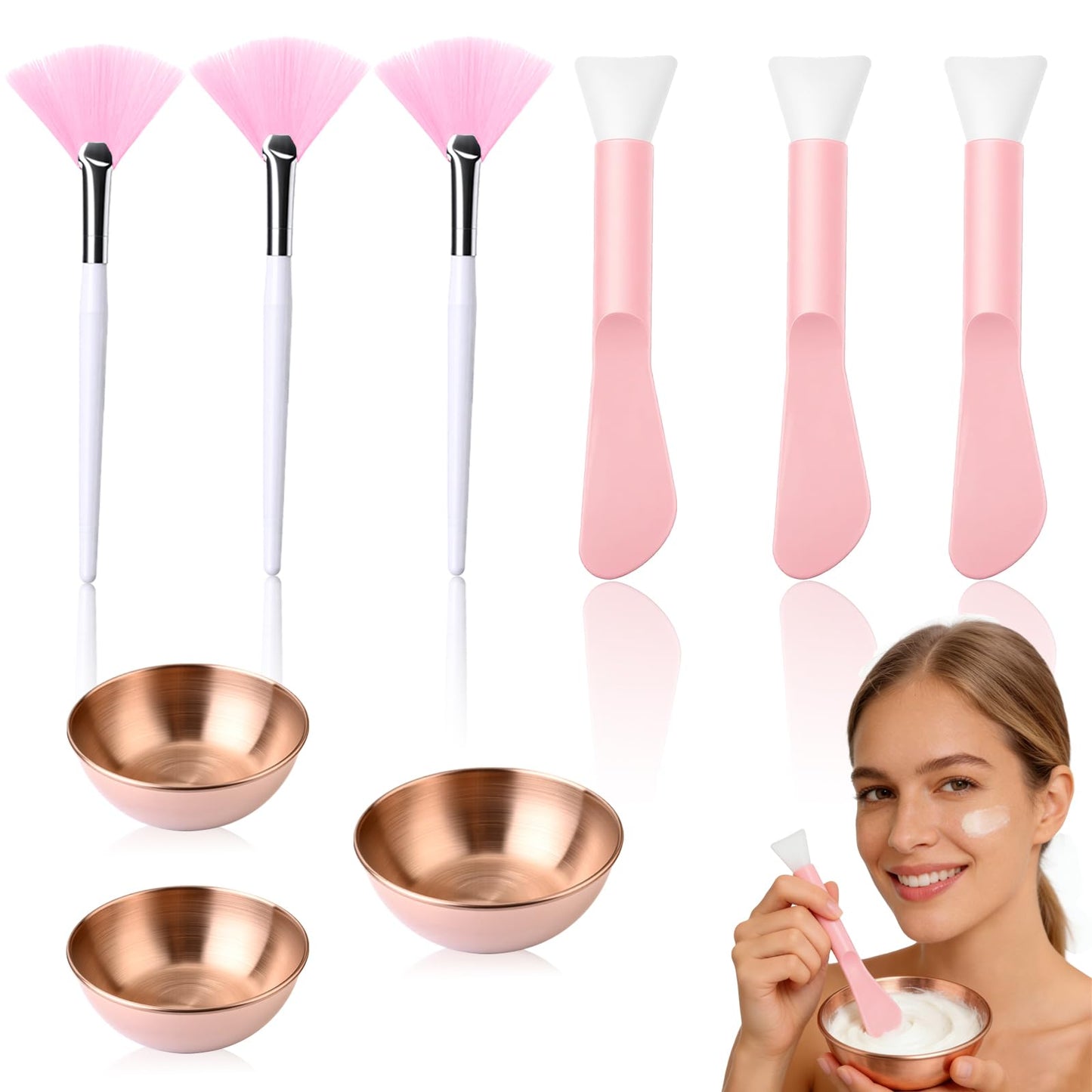 YBSAHLYY 9Pcs Esthetician Supplies kit - 3 Mask Mixing Bowls , 3 Fan Esthetician Brushes & 3 Mask Brushes for Sleepover & Spa Night Celebrations (Rose Gold)