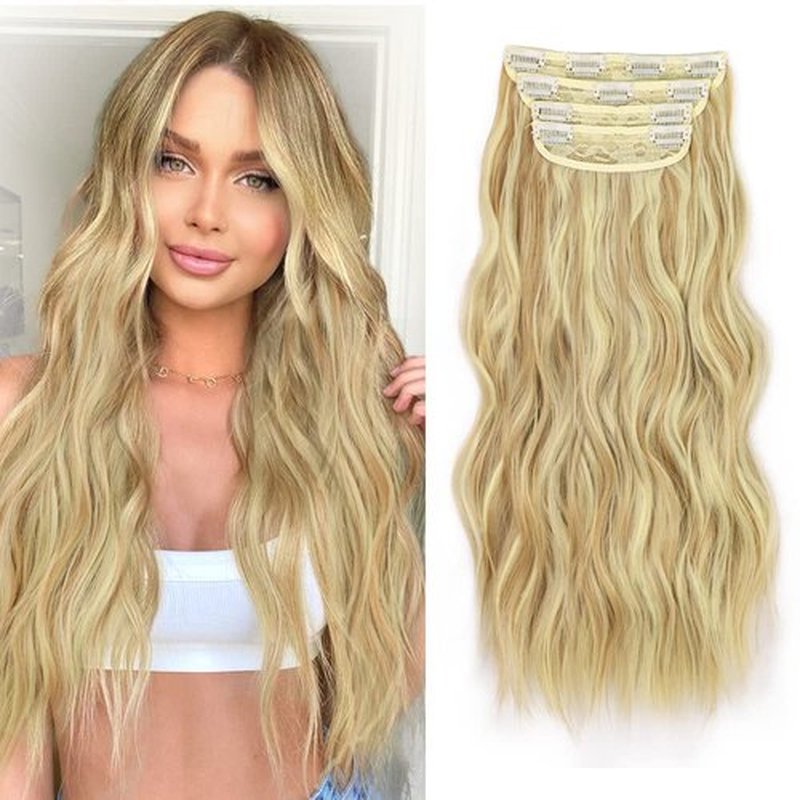 QGZ Clip in Long Wavy Hair Extensions Synthetic 4 PCS Thick Hairpieces for Women 20 Inch Long Fiber Hair Extension for Daily Party Use (Light Blonde Highlighted Orangey Blonde)