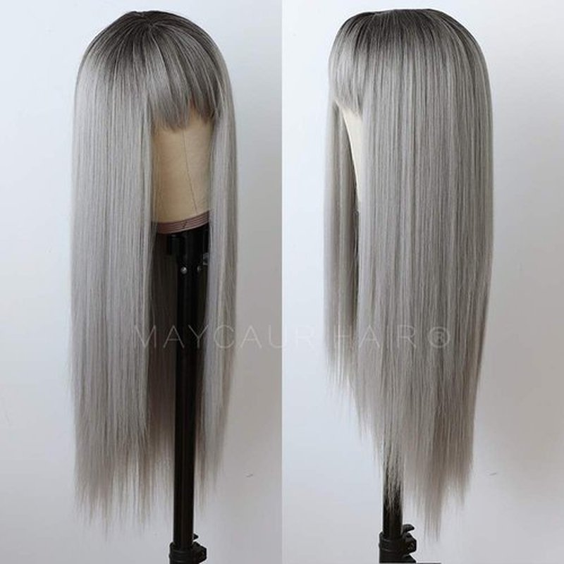 Maycaur Grey Color Synthetic Hair Wigs with Full Bangs Black Gray Ombre Color Long Straight Women's Wig Heat Resistant Hair Synthetic No Lace Wigs for Fashion Women