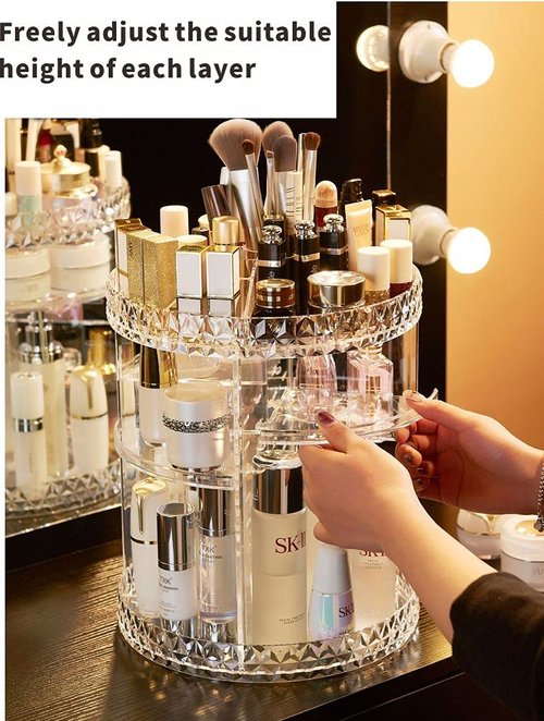 Cq acrylic 360 Degree Rotating Skin Care Organizer Countertop For Vanit,Adjustable Make up Holder Height,Clear Plastic Spinning Makeup Organizer for Skincare Beauty Product Bathroom Organizer,1Pcs