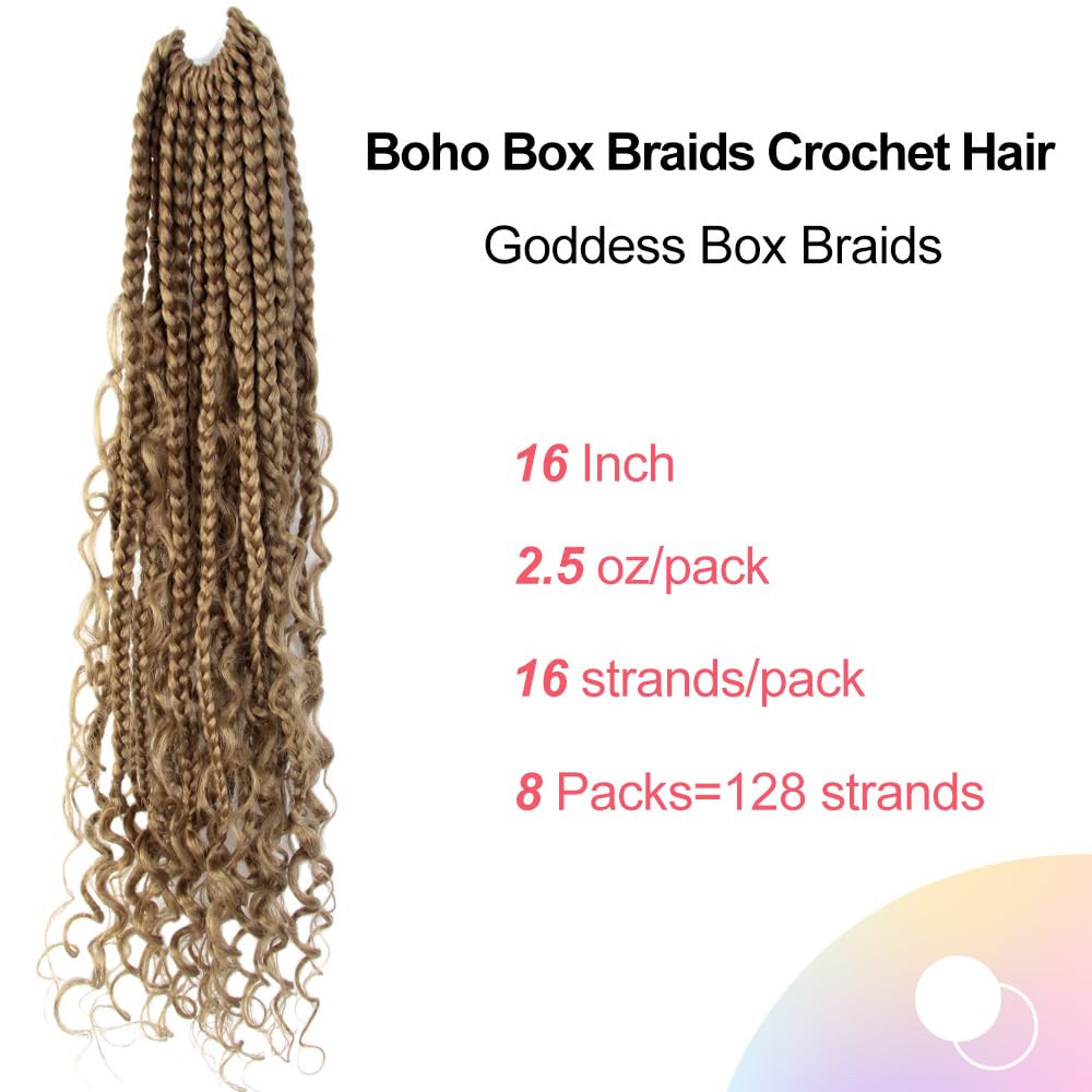 Niseyo Goddess Box Braids Crochet Hair 16 Inch 8 Packs Short Crochet Box Braids Pre Looped Curly Ends Boho Style Synthetic Hair (27#/Honey Blonde)