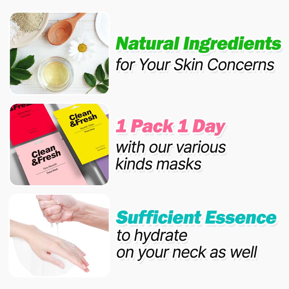 EUNYUL Clean & Fresh Sheet Mask Set, Pack of 10, 0.74 fl oz Each, Korean Facial Sheet Masks Variety Pack for Daily Skincare