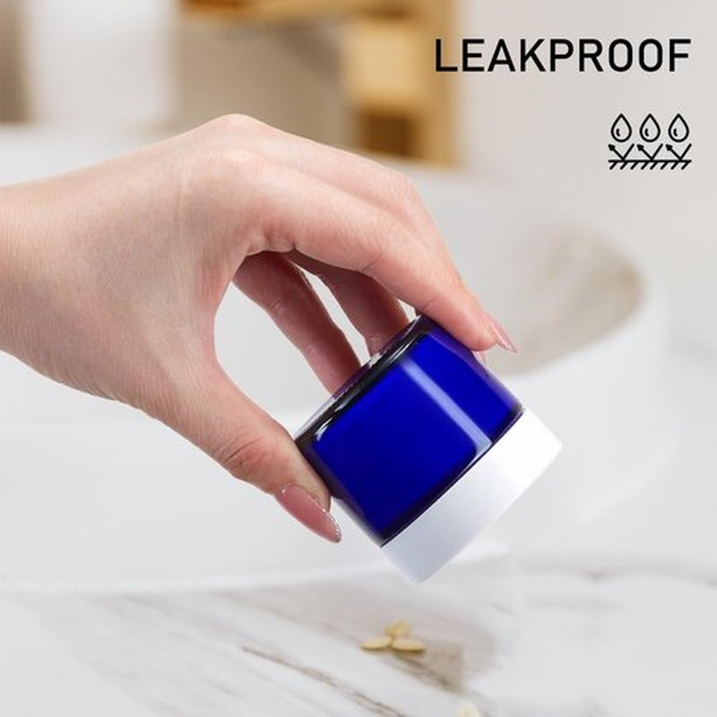 2 oz Glass Jars with Lids, Bumobum 3 pack Small Jar with White Lids, Blank Labels & Inner Liners, 60 ml Empty Round Cosmetic Containers for Sample, Powder, Cream, Lotion, Spice Cobalt Blue