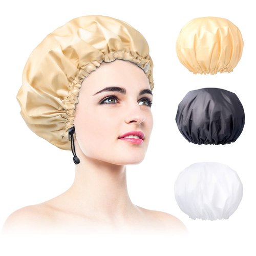 3 Packs Shower Caps for Women Reusable Waterproof Double Layer Extra Large Adjustable Bath Cap Leakproof for All Hair Lengths/Styles