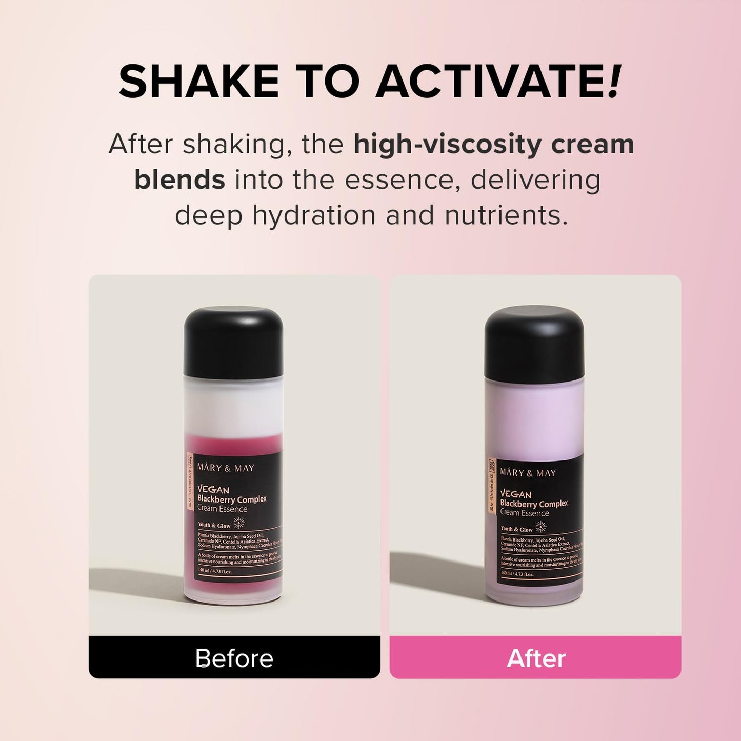 Mary&May Vegan Blackberry Cream Essence – Shake-to-Mix Dual-Phase Milky Toner, Ceramide + Blue Lotus Water, Barrier Support for Dry/Sensitive Skin, Unscented & Alcohol Free, 140ml (4.73 fl oz)