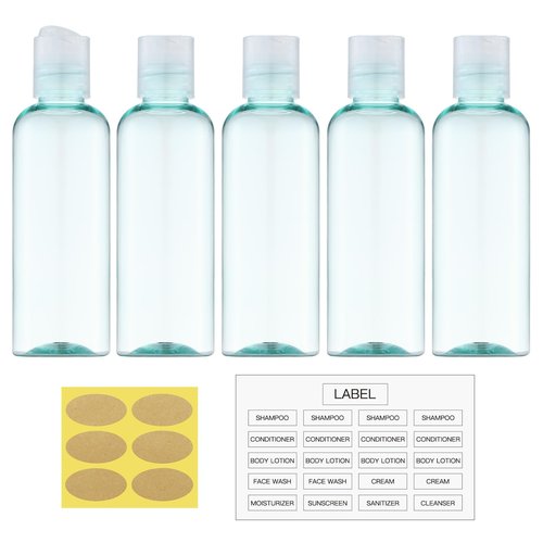 owlyee 3.4 oz Travel Bottles for Toiletries, Empty Travel Size Containers Tsa Approved, 5PCS Small Plastic Shampoo Bottles with Labels (100ml)