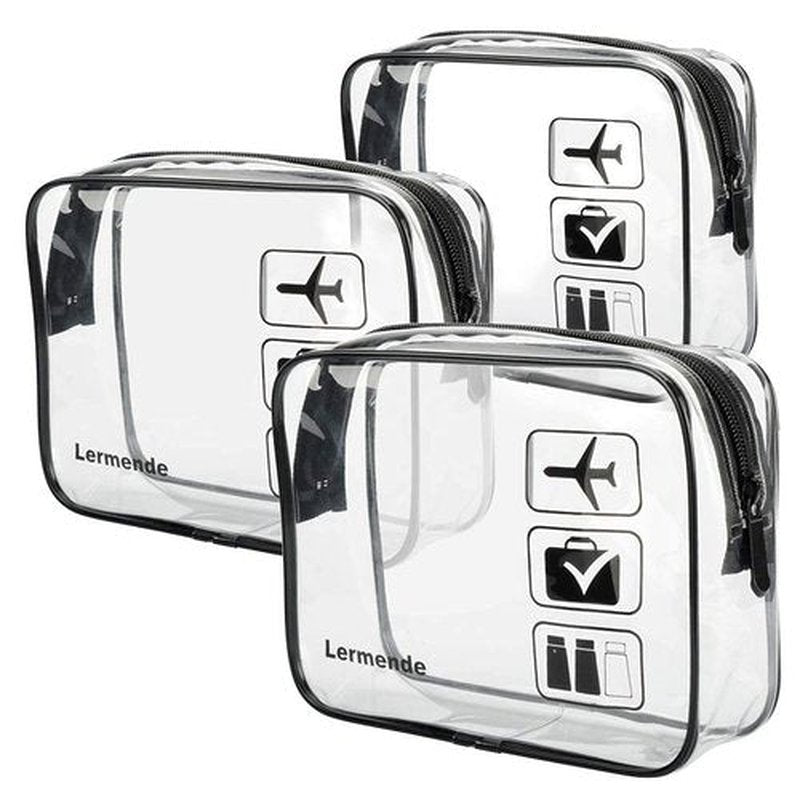 Lermende 3pcs TSA Approved Toiletry Bag with Zipper Travel Luggage Pouch Carry On Clear Airport Airline Compliant Bag Travel Cosmetic Makeup Bags for Men Women (Black)