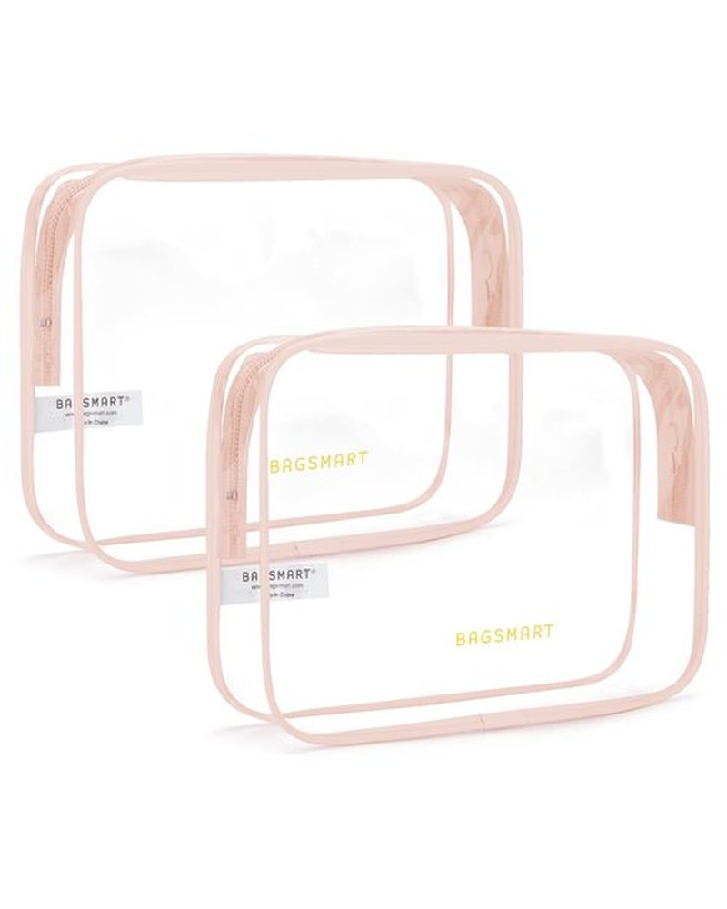 BAGSMART Clear Toiletry Bag, 2 Pack TSA Approved Travel Toiletry Bag Carry on Travel Accessories Bag Airport Airline Quart Size Bags Water Repellent Makeup Cosmetic Bag for Women (Nude Pink-2pcs)
