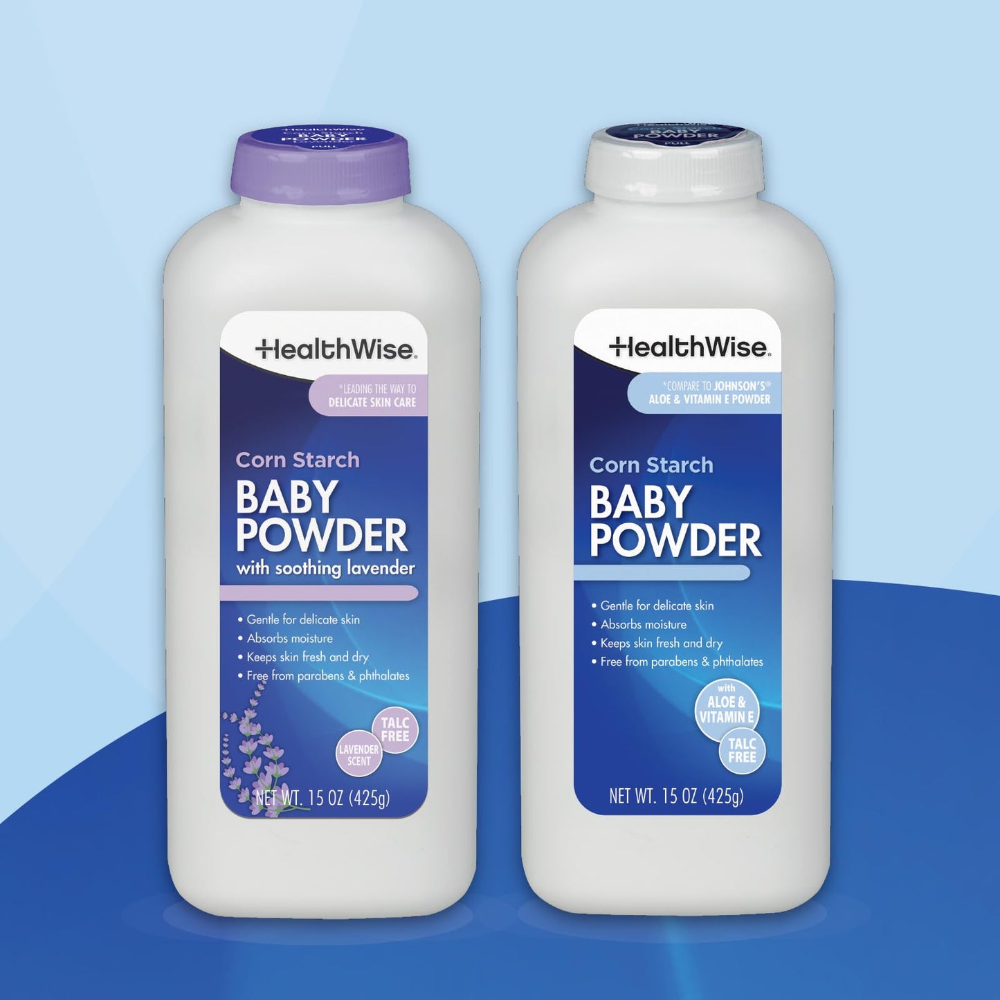 HealthWise Corn Starch Baby Powder | Aloe + Vitamin E | Talc Free | Paraben & Phthalate Free | Absorbs Moisture | 15 oz (425g)