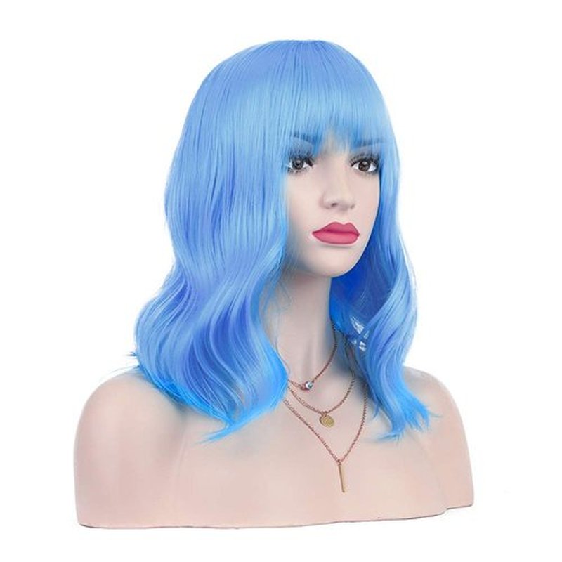 DAOTS Curly Wigs with Bangs for Women Girls Synthetic Wavy Hair Wig (14 inches, Light Blue)