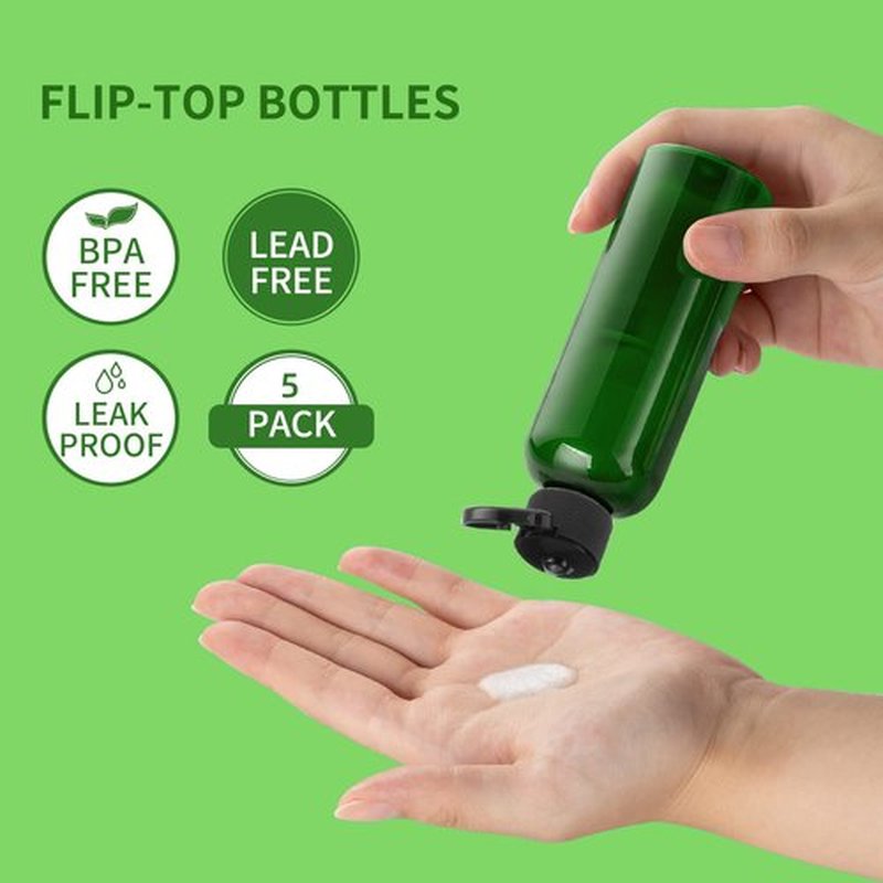 LISAPACK 3.4Oz Travel Bottles with Flip Cap (5 Pcs) Empty Dispenser Container for Travel Size Cosmetics (100ml, Green)