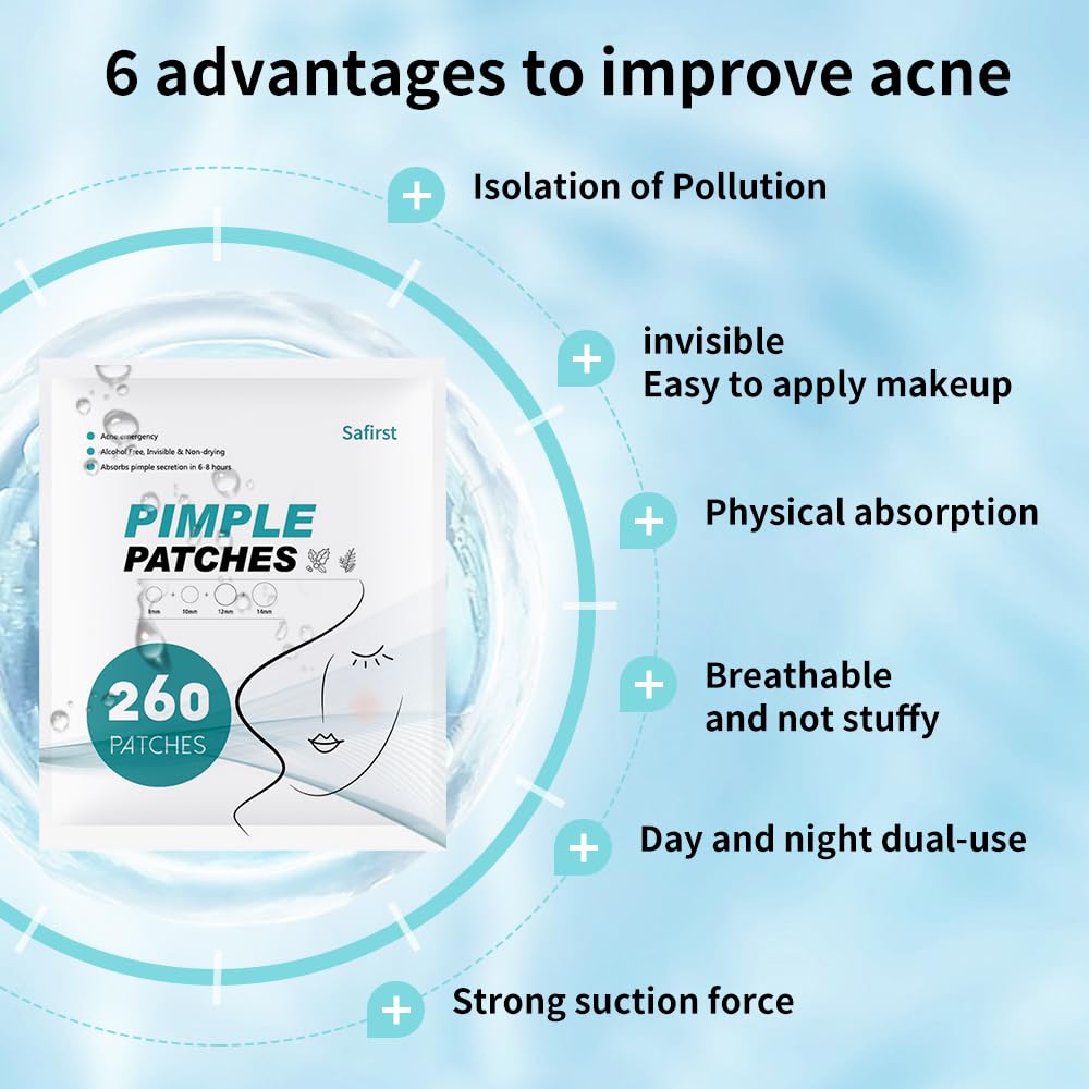 Safirst Sticky Acne Patches Hydrocolloid Pimple Absorbing Patch 4 Size 260 Counts Spot Blemish Invisible Stickers Zit Dot Cover Breakout Treatment