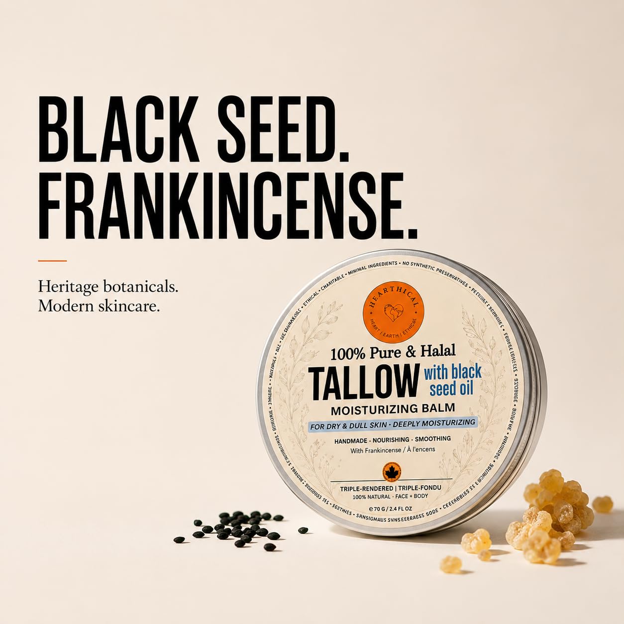Hearthical Halal Grass Fed Beef Tallow For Skin – 70g Organic Beef Tallow Moisturizer – Beef Tallow Face Moisturizer & Beef Tallow Face Cream – Pure Beef Tallow Balm with Black Seed and Jojoba